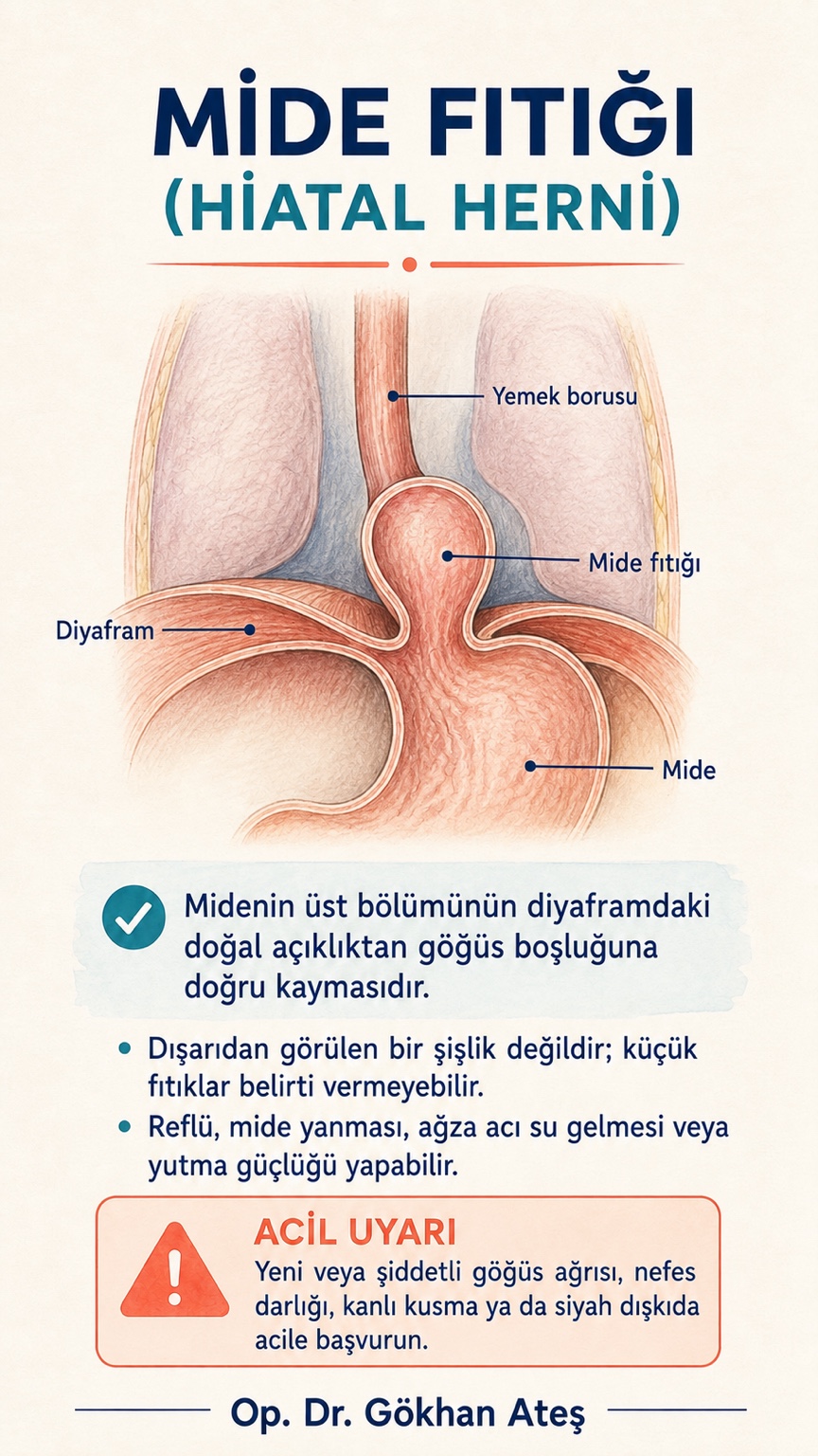 Midenin üst bölümünün diyaframdaki açıklıktan göğüs boşluğuna doğru kaymasını gösteren anatomik çizim