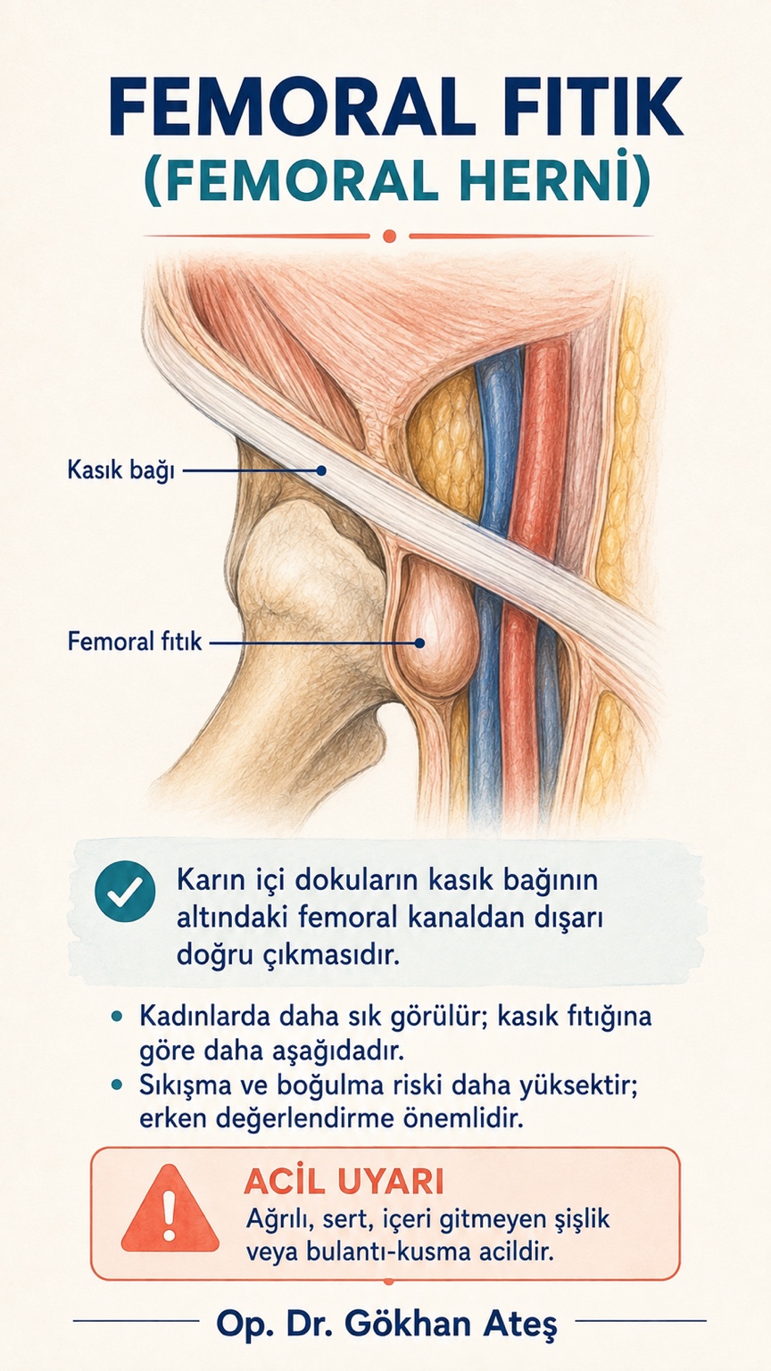 Kasık bağının altındaki femoral kanaldan dışarı doğru çıkan femoral fıtığı gösteren anatomik çizim